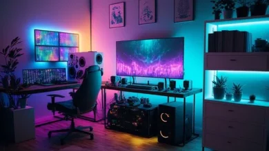 a room with a computer desk and speakers