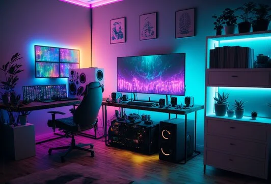 a room with a computer desk and speakers
